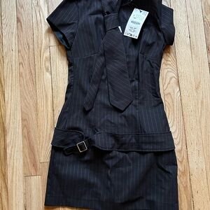 Zara Brown Pinstripe Mini Dress with Belt